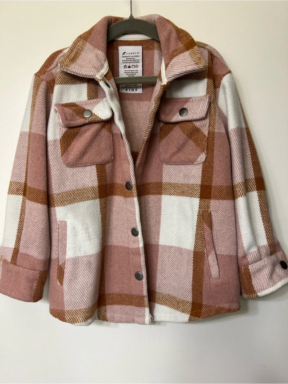 Kids Plaid Teddy Shacket Jacket - Pink & White by